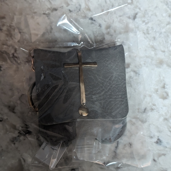 Grey  Leather Cross Hand Sanitizer Holder Keychain - Picture 4 of 5